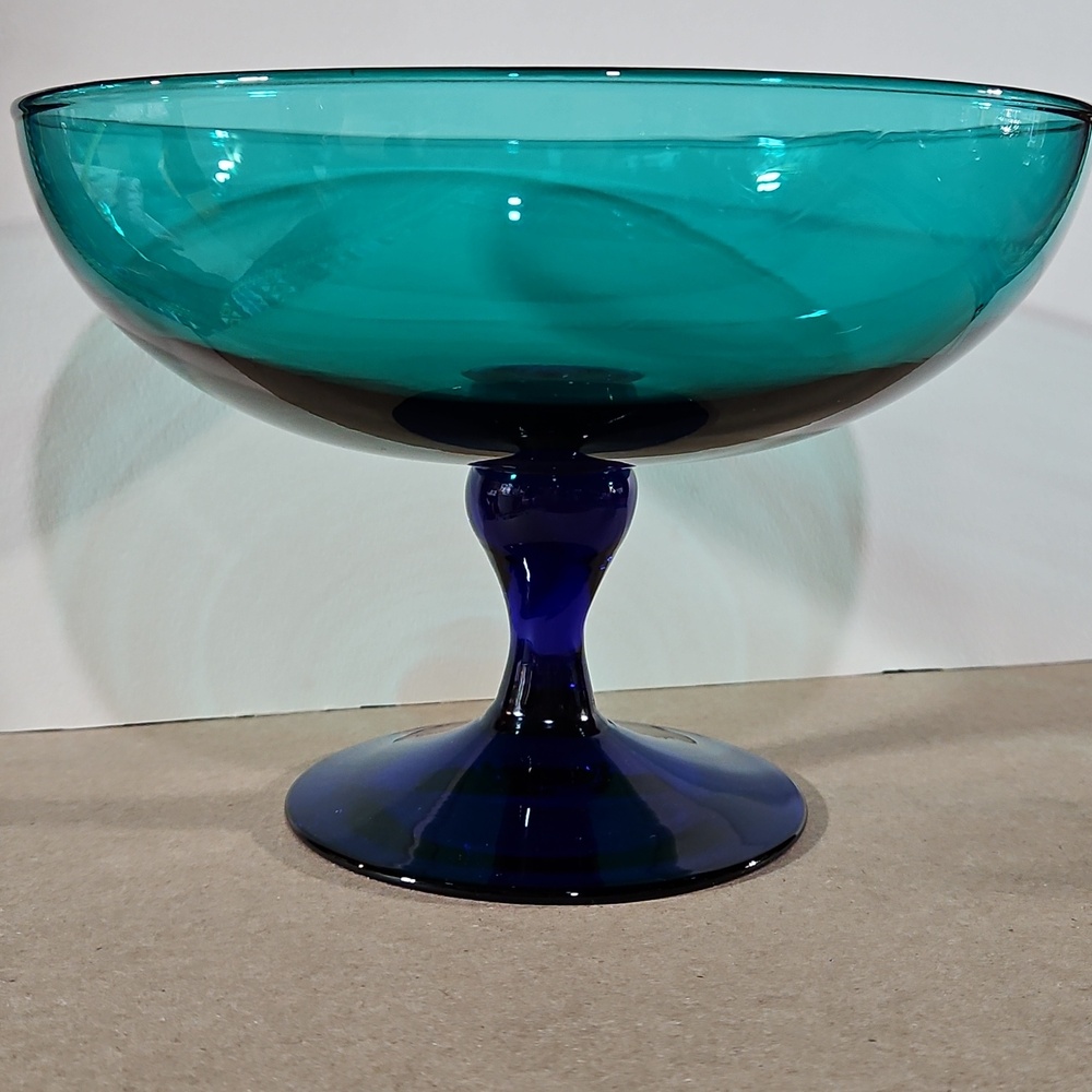 Handblown Mid-Century Italian Peacock Teal & Blue Glass Compote Pedestal Bowl